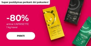 "Super pasiūlymas perkant dvi pakuotes! -80% antrai CAPRISETTE 1 kg kavai"