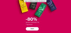 "Super pasiūlymas perkant dvi pakuotes! -80% antrai CAPRISETTE 1 kg kavai"