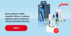 Kartu perkant JURA vandens filtrus ir valymo tabletes, pieno sistemos valymo granulės dovanų.