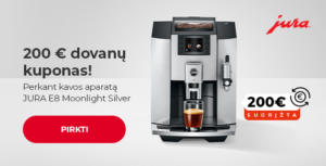 "200 € dovanų kuponas! Perkant kavos aparatą JURA E8 Moonlight Silver"