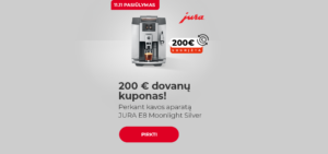"200 € dovanų kuponas! Perkant kavos aparatą JURA E8 Moonlight Silver"
